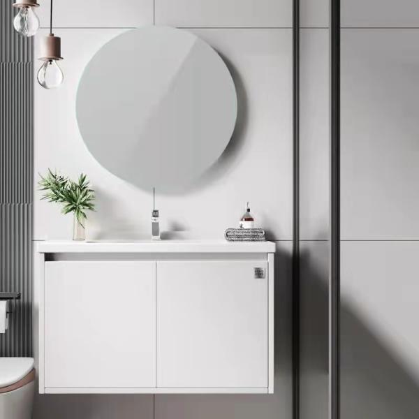 Close-up view of bathroom vanity countertop and sink