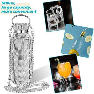 Diamond Bling Rhinestone Stainless Steel Thermal Bottle Refillable With Chain