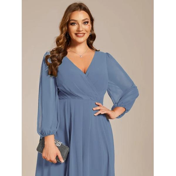 Plus Size Ruffled A-line Long Sleeve V-neck High Low Wedding Guest Dusty Navy Chiffon Evening Dress