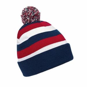 Blue / Red Retro Cuffed Cool Pom Pom Beanies , Youth Winter Beanie With Pom Pom