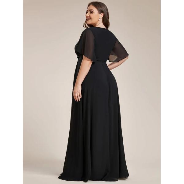 Empire Plus Size Applique Short Sleeve A-line V-neck Flutter Sleeves Invisible Zipper Black Chiffon Evening Dress