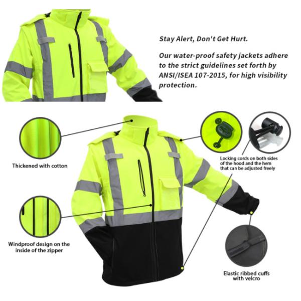 55inch Safety Reflective Jacket Removable Hood Sleeves Hi Vis Waterproof Lightweight Jacket