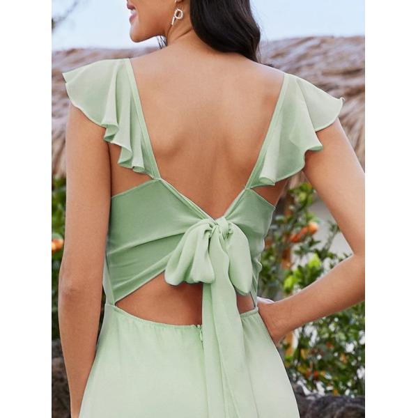 Ruffle Sleeves Sweep Train Bow-tie Backless And High Slit U-neck Mint Green Chiffon Bridesmaid Dress