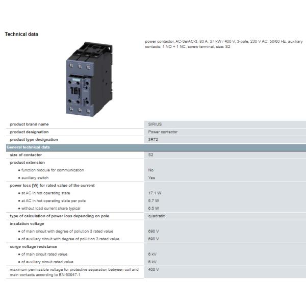 3RT2038-1AL20 SIEMENS 3RT2 80A Power Contactor AC-3e/AC-3 100% Original