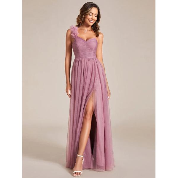 Exquisite One-shoulder Sweetheart Ruffled A-line Zipper Pleated High Slit Purple Orchid Tulle Evening Dress