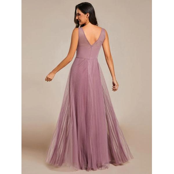 Elegant V-neck Floor-length Appliqued Zipper Two Straps A-line Purple Orchid Crepe Tulle Evening Dress
