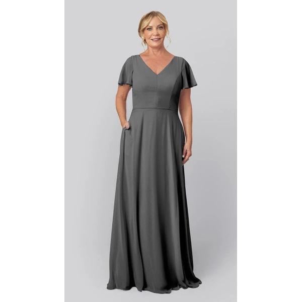 Romantic V-neckline A-line Back Keyhole Cutout Short Flutter Sleeve Zipper Navy Chiffon Mother Of The Bride Dress