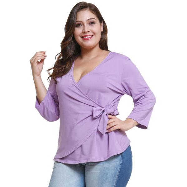 Buy Custom Made V Neck Plus Size Ladies Shirts Long Sleeve Ruffles Decoration at wholesale prices