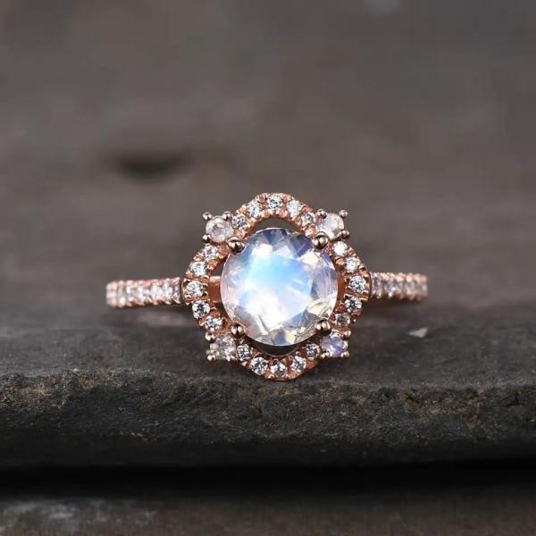 925 Sterling Silver CZ Wholesale Natural Stone Jewelry Faceted Rainbow Moonstone Ring