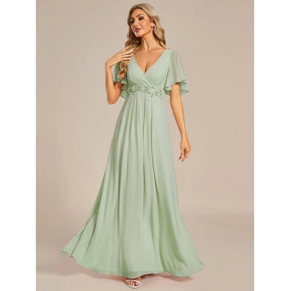 Sexy Empire Applique A-line Short Flutter Sleeves V-neck Invisible Zipper Dark Green Chiffon Evening Dress