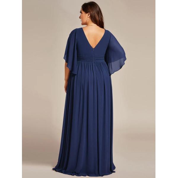 Empire Plus Size V-neck Ruffled A-line Invisible Zipper Half Flutter Sleeves Navy Blue Chiffon Graduation Dress