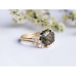 Quality Large Hexagon Moss Agate Statement Wedding Cluster Ring Set for sale