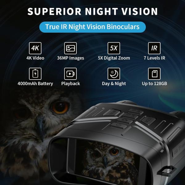 Capture Clear Photos and Videos with 4K Night Vision Binoculars 3'' Large Screen ABS