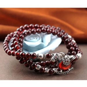 5mm Round Genuine Garnet Beads Bracelet with 925 Silver Marcasite Horse Garnet