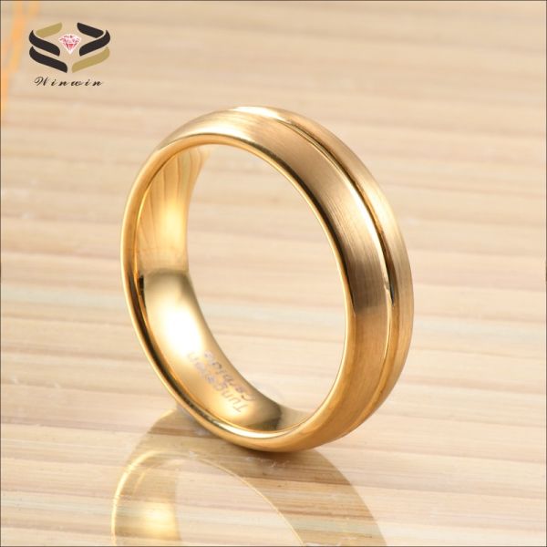Jewelry Type Rings 18K Gold Plated 6mm Tungsten Wedding Band Ring Grooved Classic Unisex Engagement Gift Men Women