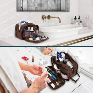 Dark Brown Water-resistant Dopp Kit PU Leather Shaving Pouch Organizer Travel