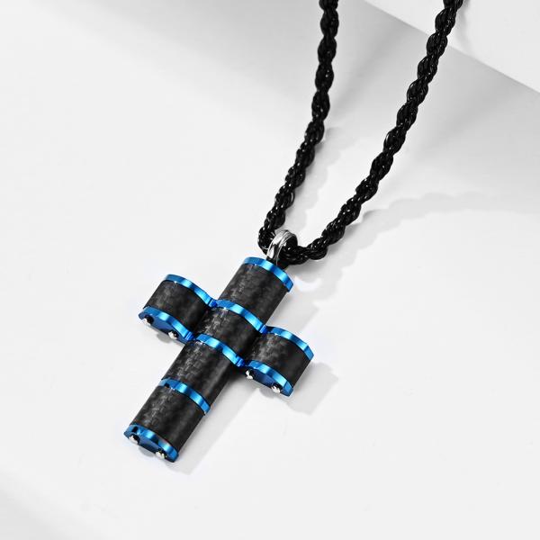 Christian Religious Custom LOGO Pendant Stainless Steel Gold Plated Cross Necklace with Carbon Fiber Inlay and Blue Plating