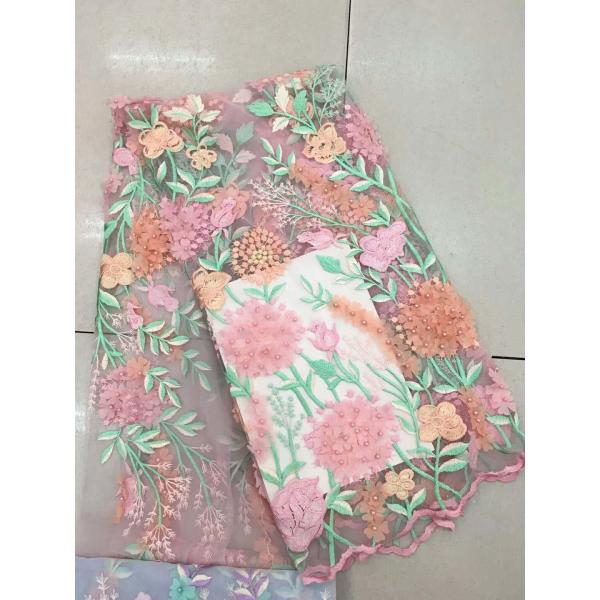 Bead Embroidered Lace Fabric, Scalloped Multi Color 3D Flower Lace Fabric For Dress