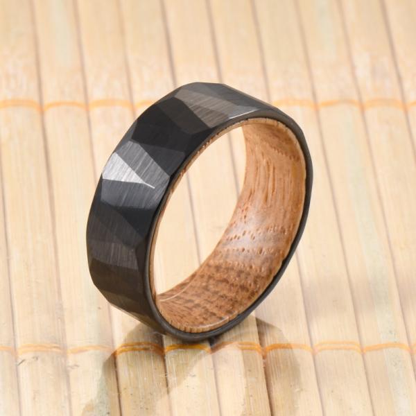 Sample Making 8mm Faceted Hammered Tungsten Ring with Whiskey Barrel Wood Inner Mens Wedding Ring Comfort Fit