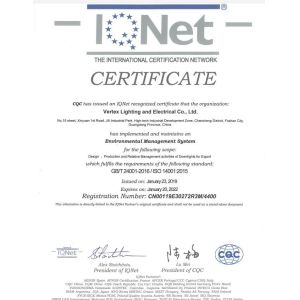 Vertex Lighting and Electrical Co., Ltd. Certifications