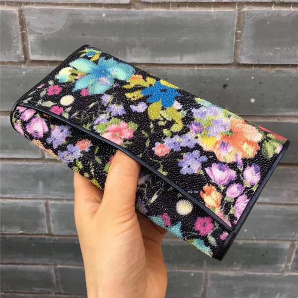 Authentic Stingray Skin Female Long Flower Trifold Wallet Genuine Leather Lady Large Clutch Bag Women Floral Coin Purse