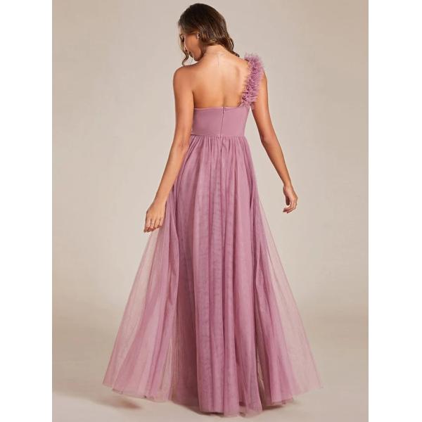 Exquisite One-shoulder Sweetheart Ruffled A-line Zipper Pleated High Slit Purple Orchid Tulle Evening Dress