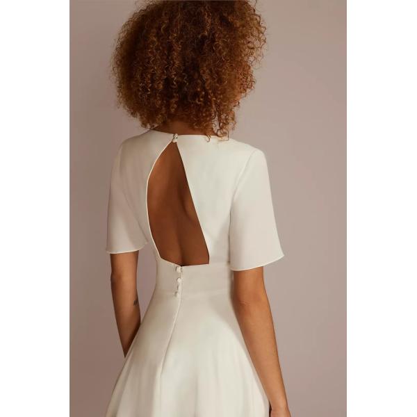 Timeless Zipper Flutter Short Sleeve Empire V-neck Open Keyhole Back A-line White Chiffon Midi-length Wedding Dress