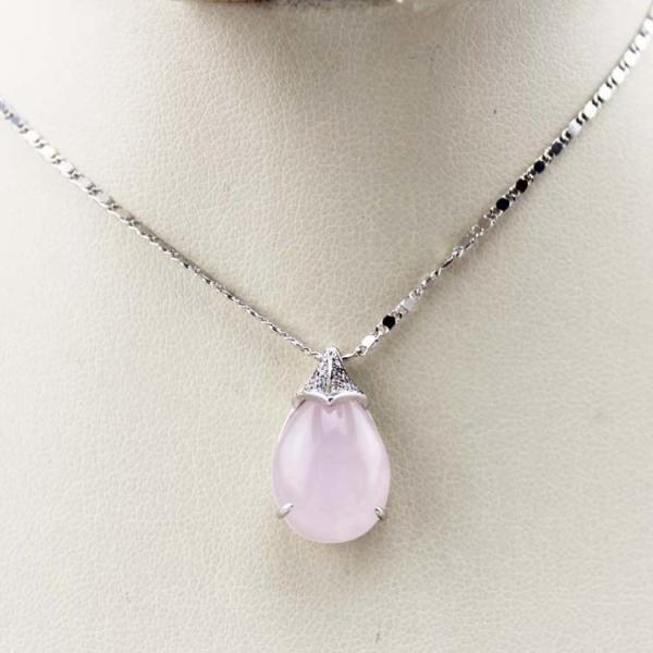 Sterling Silver 11mmx16mm Drop Shape Rose Quartz Cubic Zirconia Pendant Necklace(P22)