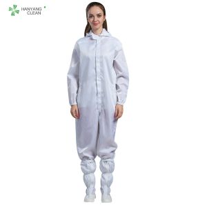 ESD cleanroom anti-static hooded coverall white color with conductive fiber for