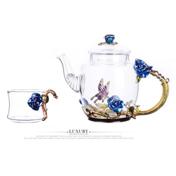 Flower Pattern Floral Microwavable Teapot , Vintage Glass Teapot With Gold Leaves