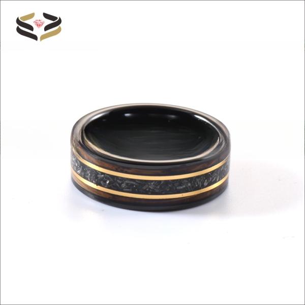 8mm Tungsten Carbide Ring with Gold Line Whiskey Barrel Wood and Meteorite Inlay Trendy Men's Anniversary Selection