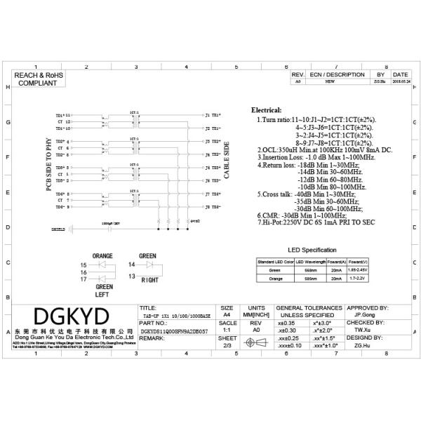 DGKYD811Q008FN9A2DB057 Gigabit Integrated Transformer Ethernet Filter With Light Strip Shielding DIP 12PIN Modular Jack