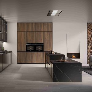 Luxury Home Furniture Modular Walnut Wood Veneer Matt Black Color Glass Door