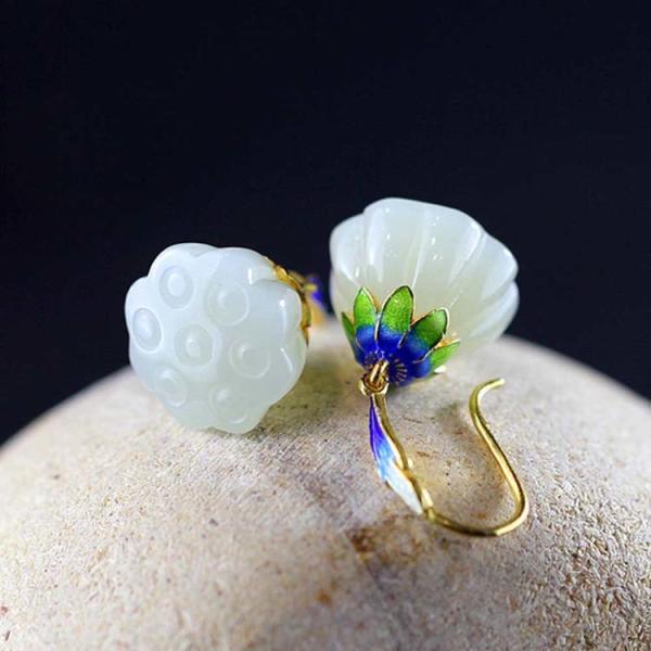 Retro Enamel 925 Silver Natural Hetian Jade Dangel Earrings (E17060201)