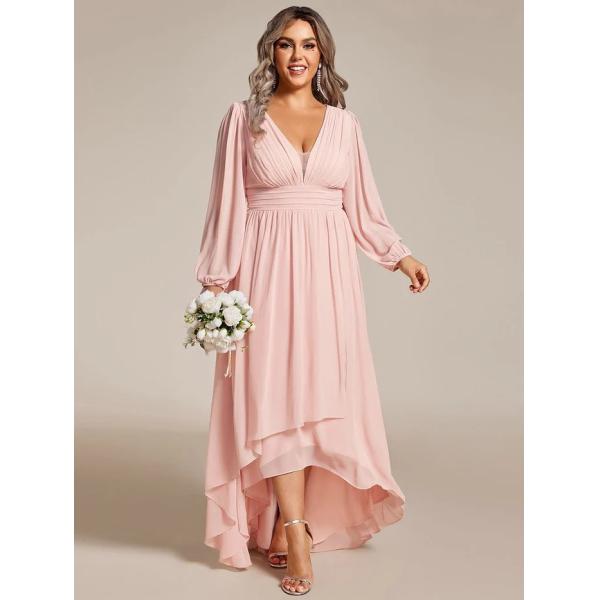 V-neck Plus Size Enchanting Lotus Leaf Lantern Sleeve Pleated Empire High Waist A-line Pink Chiffon Bridesmaid Dress