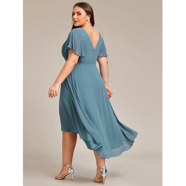 Empire Plus Size V-neck High-low A-line Short Sleeve Ruffled Dusty Blue Chiffon Wedding Guest Cocktail Dress