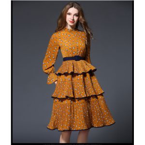 fashion polyester print layered skirt fringed dress medium style