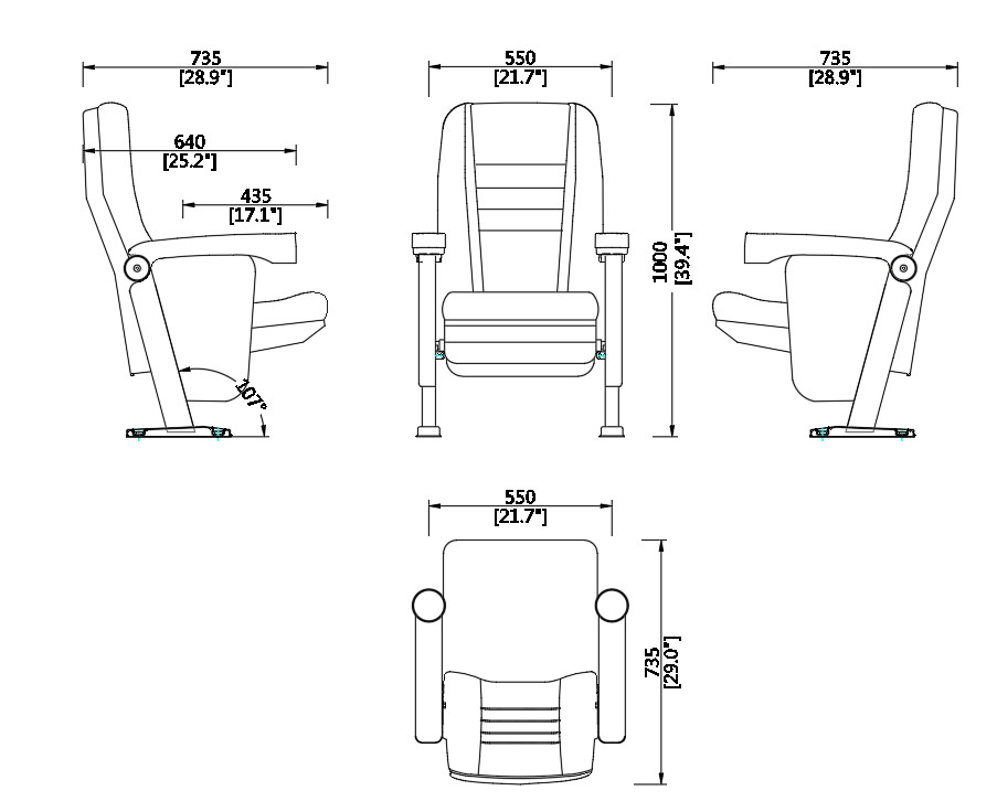 550MM Center Distance Commercial Theater Seating For Public Cinema