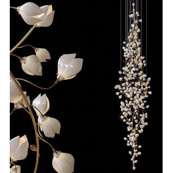 White Magnolia Flower Glass Custom Chandelier For High End Hotel Banquet Hall