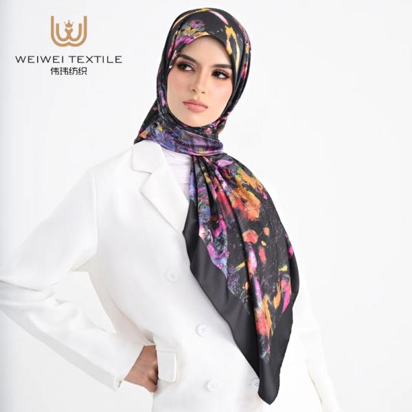 Custom Printed Watercolor Summer Shimmer Square Scarf Comfortable Satin Silk Hijab Shawl for Women Factory Direct