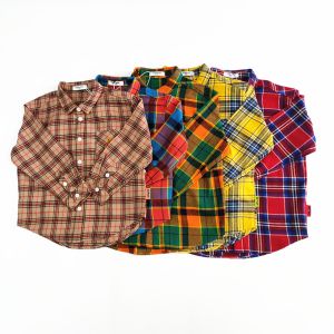 Winter Holiday Children Top with Turn-down Collar and Cartoon Pattern in Plaid