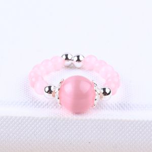 4mm Handmade Gemstone Beaded Ring Adjustable Elastic Pink Cat's Eye Stone Ring