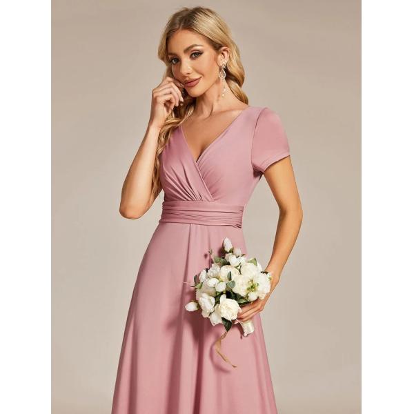 Sexy Custom Size V-neck Simple Pleated Empire Waist A-line Short Sleeve Dusty Rose Satin Evening Dress
