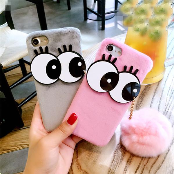 Plush+PC DIY Big Eyes Seto Rabbit Hairball Strap Fluff Back Cover Cell Phone Case For iPhone 7 6s Plus
