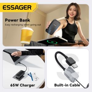ESSAGER 65W Type C Gan PD PPS Fast Charger With 5000Mah Wireless Power Bank And