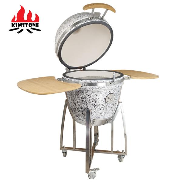 KIMSTONE Kamado-style Grill 21 Inch Black and White Floral Glaze Folding Side Shelves Durable and Reliable