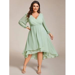 Ruffled A-line Long Sleeve V-neck High-low Wedding Guest Pink Chiffon Prom Dress