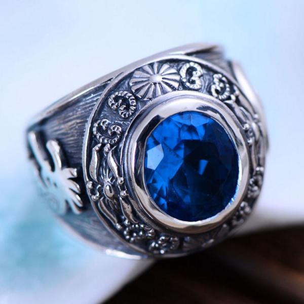 Vintage Jewelty Sterling Silver Blue Cubic Zircon Men Ring (XH053342W)