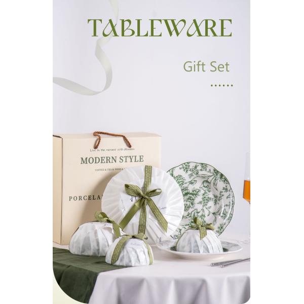 Green Floral Ceramic Plates Sets For 6 Users Exquisite Porcelain Utensils Included
