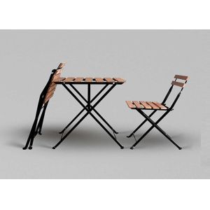 One Table And Two Chairs Set Outdoor Garden Wood Top Metal Frame Folding